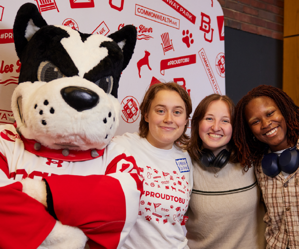 Students with BU mascot on Giving Day 2024