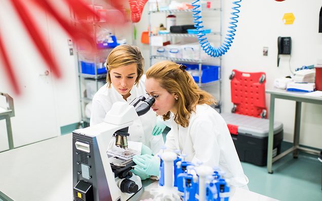 Two BU scientists look into a microscope