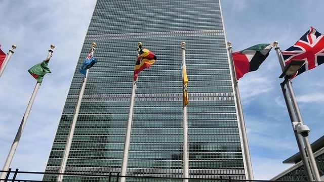 UN building with flags
