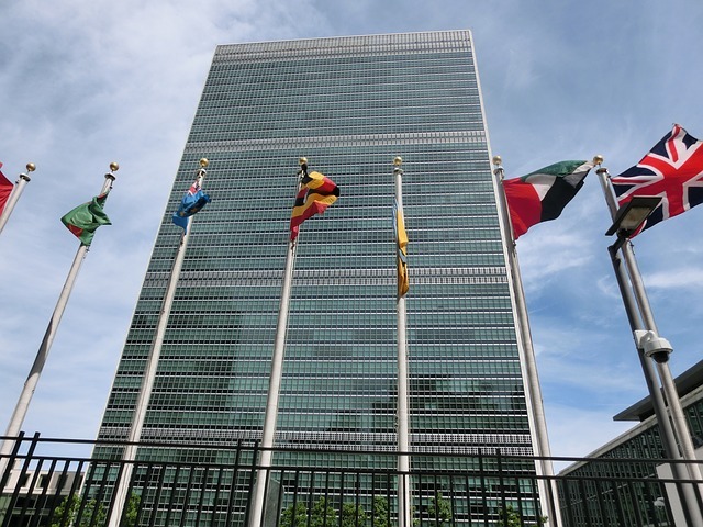 UN building with flags